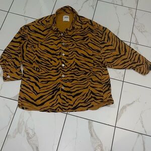 Zara Mustard Zebra Stripe Denim Oversized jacket NWOT
